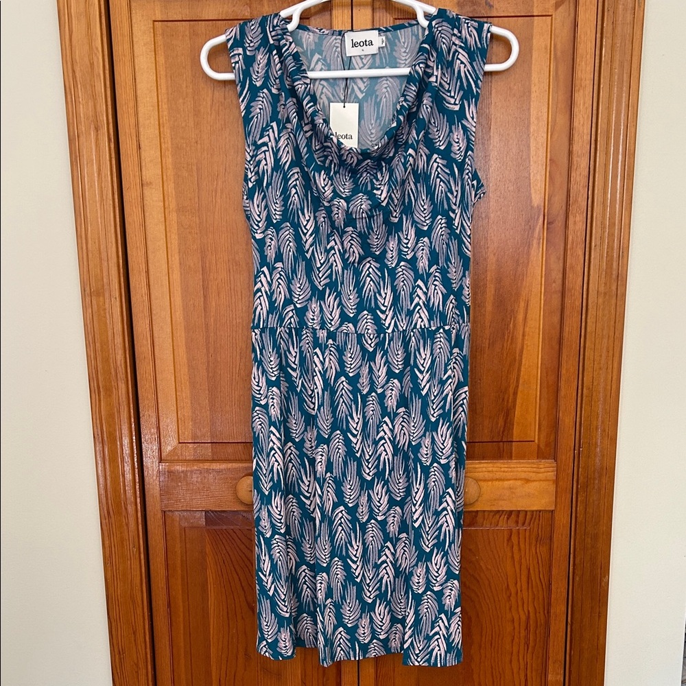 Leota Blue White Aloe Print Cowl‑Neck Midi Dress Plus 1X NWT Stretch Knit